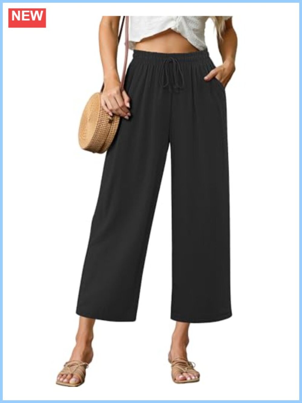 Linen Wide Leg Capri Pants High Waisted Elastic Waist Pull On Summer